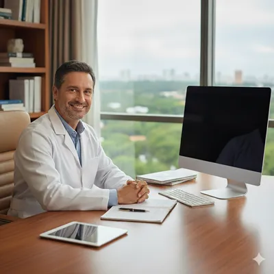 Imagem ilustrativa de médico em escritório, botão para acessar a página Defesa Médica